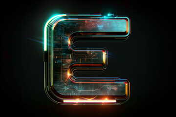 Futuristic 3D uppercase typography, alphabet letter E with metal texture and glowing LED lights isolated on dark background, beautiful unique font design for poster, logo, science fiction movie etc.