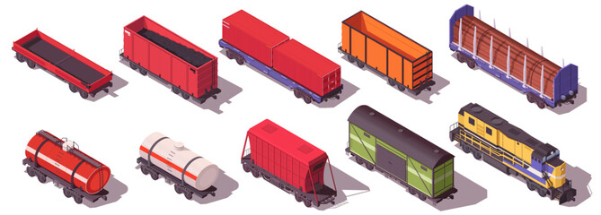 Collection of railway train wagon, locomotive transport, cargo transportation, railroad carriage, set of rail vehicle, cute cartoon design. Isolated on white background. Isometric vector illustration © GN.STUDIO
