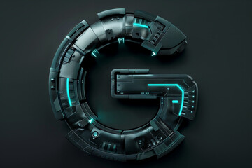 Futuristic 3D uppercase typography, alphabet letter G with metal texture and glowing LED lights isolated on dark background, beautiful unique font design for poster, logo, science fiction movie etc. - obrazy, fototapety, plakaty