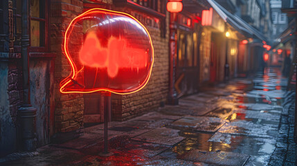 Empty Red neon speech bubble on the street at night in London.