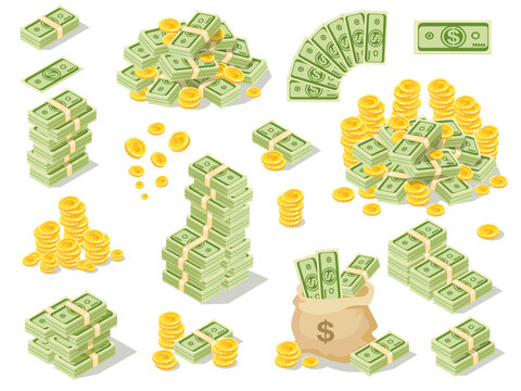 Huge amount of dollar banknotes and coins. Bucks in bag. Hundred, thousand, million, billion of money in heap. Earnings and savings. Bank credit and deposit. Isometric vector illustration