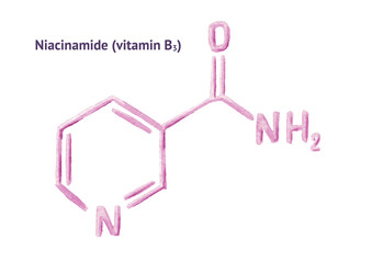 Niacinamide molecule formula, vitamin B3. Watercolor hand drawn illustration, isolated on white background