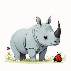Fototapeta premium Cute cartoon rhinoceros with ladybug kids story book illustration