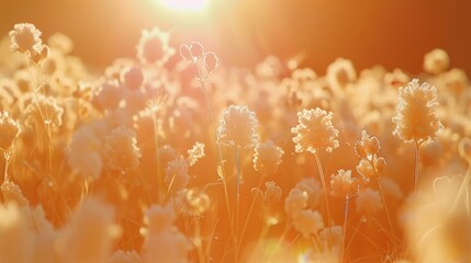 a field of white flowers with the sun shining in the background of the field in the background.