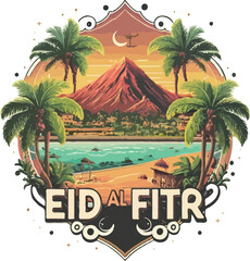 Hawaii street Palms photorealistic masterpiece moonset tshirt graphic design of an Eid al Fitr