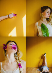 Portrait of a blonde girl against a yellow wall. Spring Collage