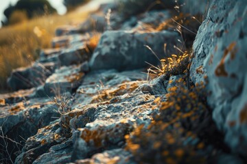 a close up of a rock wall with grass growing on it