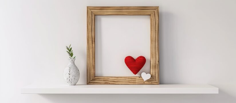 A wooden rectangle picture frame sits on a white shelf next to a vase filled with peach petals. The natural materials complement the art displayed within the frame