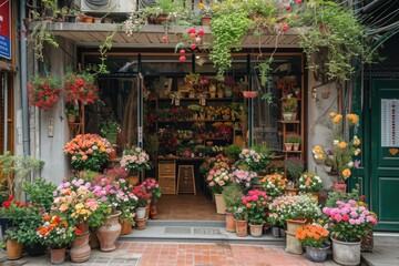 Fototapeta na wymiar A picturesque street flower shop bursts with vibrant colors, showcasing a diverse array of fresh flowers and plants in a charming urban setting..