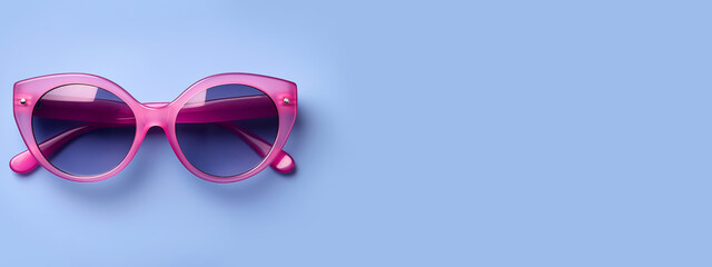 Top view pink sunglasses retro style concept on blue background, flat lay romantic cute design banner copy space