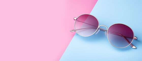 Vintage pink sunglasses retro style concept on blue background top view flat lay cute design accessory banner copy space