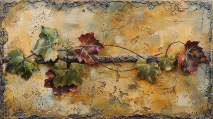 a painting of a vine with red and green leaves hanging off of it's side on a yellow background.