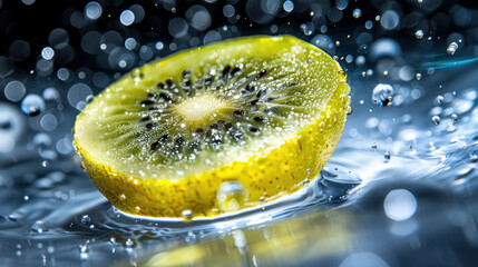 a kiwi cut in half sitting on top of a body of water with drops of water on the surface.