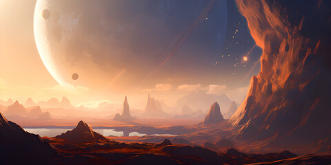 Space landscape illustration. View of space from an unknown planet. 
