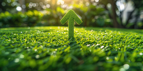 Nature's Growth Chart. An arrow up composed of moss, green grass and plants symbolizes growth and upward trajectory, copy space.