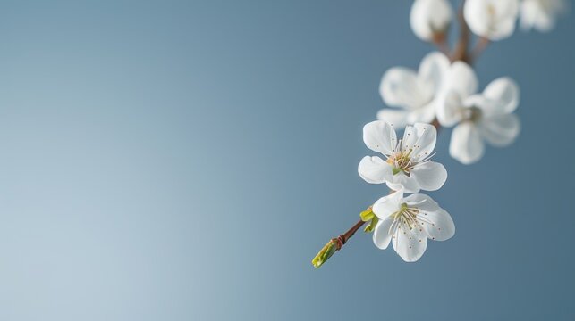 a close up of a white flower on a branch with a blue sky in the backgrounnd of the picture.