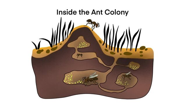 Ant colony living underground, Cartoon anthill colony at soil, insects in formicary consisting of tunnels and chambers, biological education, Ants in ant hill tunnels beneath, ant nest