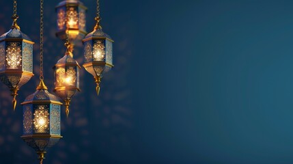 Fototapeta na wymiar A collection of hanging Islamic lanterns, intricately designed, emitting a warm, ambient glow that beautifully contrasts with the dark background.