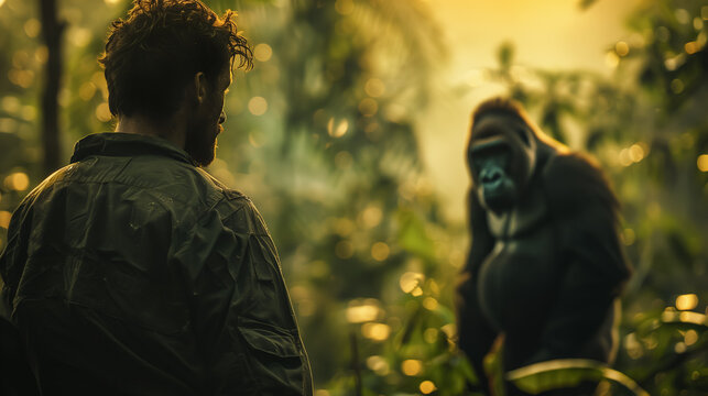 Man in the jungle with a gorilla on the blurred background.