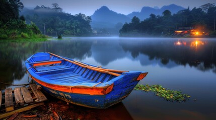 Obraz premium a blue and orange boat sitting on top of a body of water next to a lush green forest covered hillside.