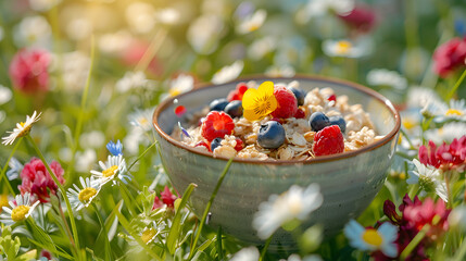 A hearty oatmeal bowl, with a blooming flower field as the background, during a vibrant spring morning