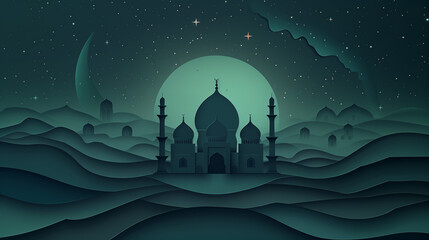 Paper art style depiction of a mosque set against a night sky, with stars and a crescent moon enhancing the tranquil scene.