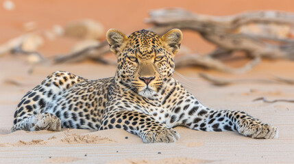 Fototapeta premium a leopard laying on top of a sandy beach next to a fallen down tree trunk in the background is a dead tree in the foreground.