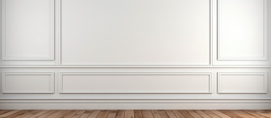 An empty room featuring a vintage wooden floor and white walls. The space is devoid of any furniture or decor, creating a minimalistic atmosphere. A blank placard hangs on one of the walls,