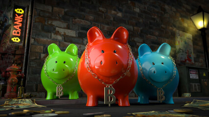 Die Sparschwein Bande - drei Sparschweine mit Bitcoin-Kette um den Hals stehen auf dunkler Straße mit Schild "Bank" und Geld liegt auf Straße