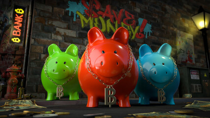 Die Sparschwein Bande - drei Sparschweine mit Bitcoin-Kette um den Hals stehen auf dunkler Straße mit Schild 