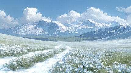 a painting of a snow - covered mountain landscape with a path in the foreground and flowers in the foreground.