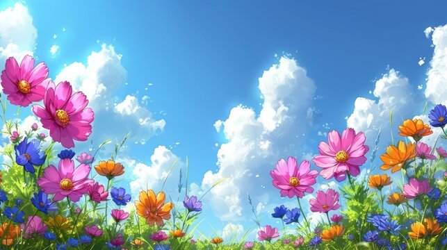a field full of colorful flowers under a blue sky with puffy white clouds in the middle of the day.