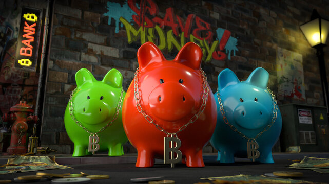 Die Sparschwein Bande - drei Sparschweine mit Bitcoin-Kette um den Hals stehen auf dunkler Stra&szlig;e mit Schild "Bank" plus Graffiti "Save Money" auf Hauswand und Geld liegt auf Stra&szlig;e