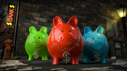 Die Sparschwein Bande - drei Sparschweine mit Dollar-Kette um den Hals stehen auf dunkler Straße mit Schild 