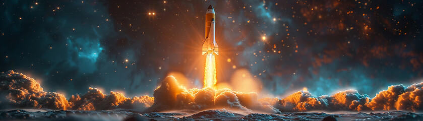 Spaceship lift off. Space shuttle with smoke and blast takes off into space on a background of sunset. Successful start of a space mission - obrazy, fototapety, plakaty