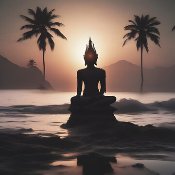 Vishnu God silhouette with the sunset coast Background.
