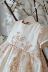 An exquisite children's dress with detailed floral embroidery hangs gracefully, showcasing the intricate craftsmanship and timeless elegance..