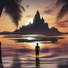 Vishnu God silhouette with the sunset coast Background. - obrazy, fototapety, plakaty