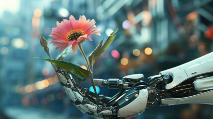 A highly detailed robotic hand holding a blooming vibrant flower with utmost care