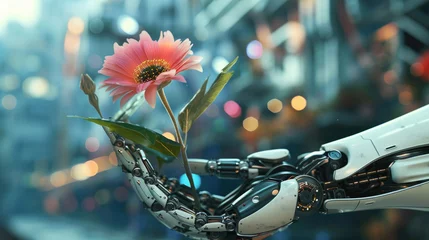 Foto op Canvas A highly detailed robotic hand holding a blooming vibrant flower with utmost care © Mongkol