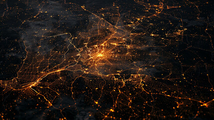 Satellite imagery capturing the digital divide, with bright connections in some areas and darkness in others, with copy space