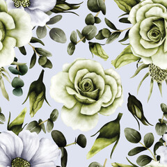 Elegant greenery roses flower watercolor seamless pattern