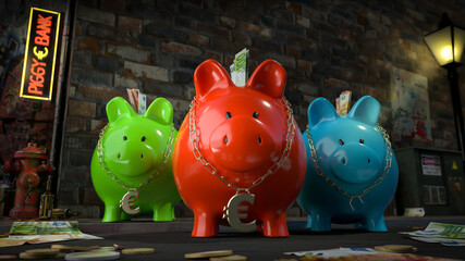 Die Sparschwein Bande - drei Sparschweine mit Euro-Kette um den Hals stehen auf dunkler Straße mit Schild 