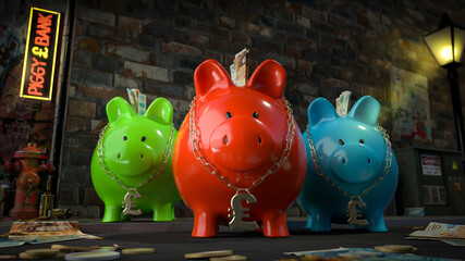 Die Sparschwein Bande - drei Sparschweine mit Pfund-Kette um den Hals stehen auf dunkler Straße mit Schild 