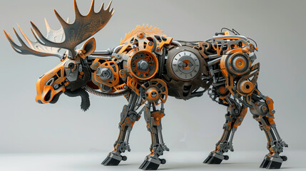 An intricately designed robotic moose with expansive antlers stands isolated, a blend of wildlife...