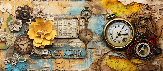 A collage banner, stylish modern design featuring a grunge-style with elements such as a watch, compass, map, old manuscripts, flowers, and other classical articles.
