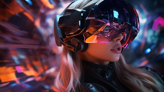 Girl embraces AR technology. Wonderful virtual world unfolds before her.