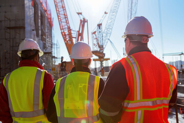 Back view of a construction worker in safety uniform and hard hat construction background. AI generative