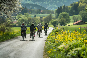 Pensioners taking part in a shared bike ride through picturesque country roads, rolling their bikes at a leisurely pace through the beauty of nature. Generative AI