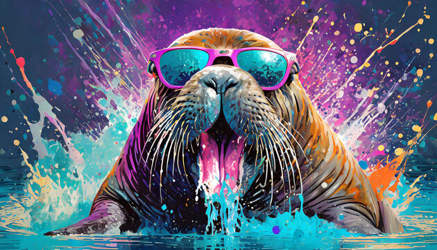 Vibrant pop art style portrait of a walrus wearing sunglasses with mouth open and paint splattering effect. AI generated wallpaper.